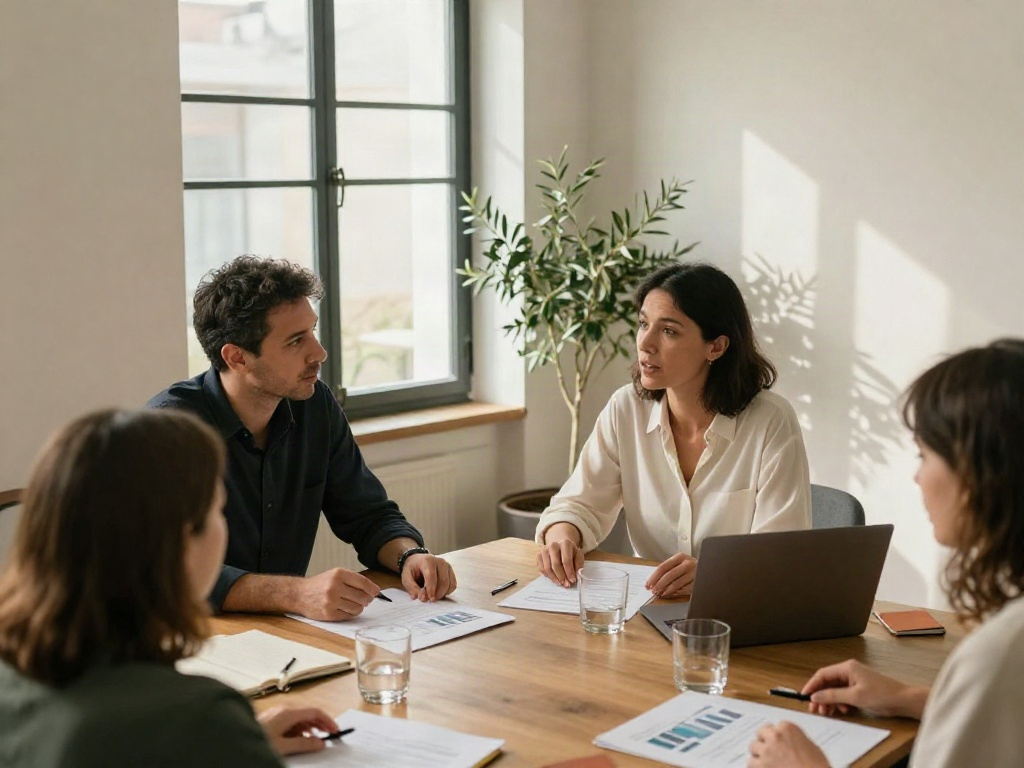 Professionals discussing business performance and strategy around a conference table